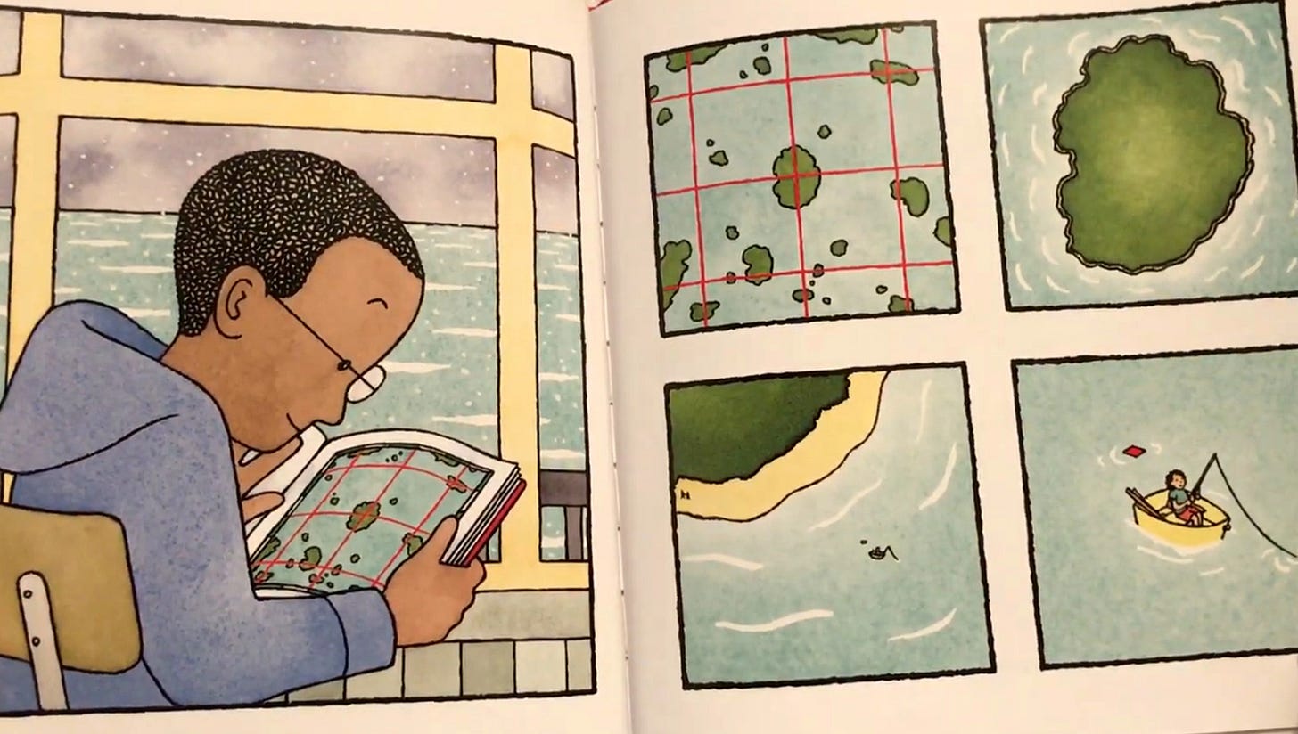 image of a boy looking at a map.  The map shows a chain of islands.