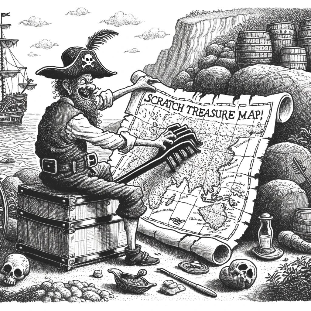 Drawing of a detailed monochrome scene where a pirate finds a scratchy treasure map, humorously using it as a back scratcher.