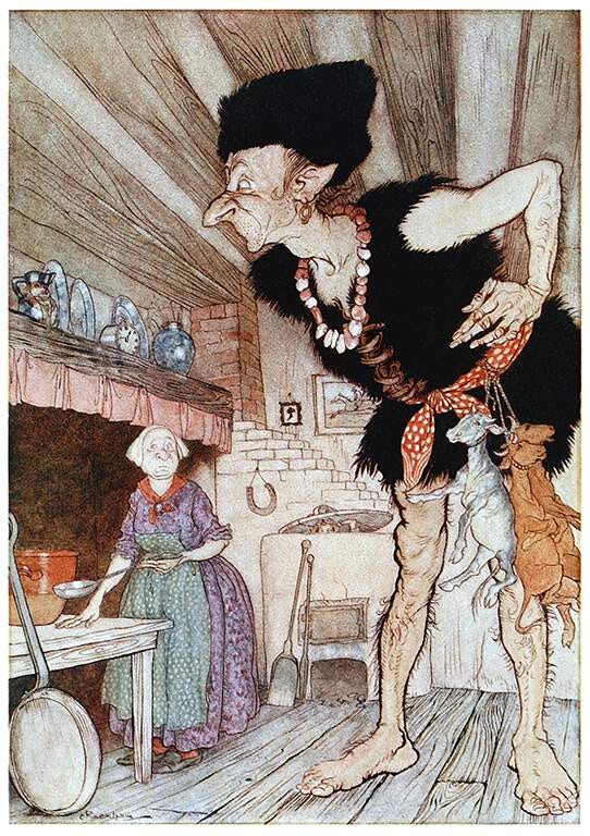 A Tall Man with Goats on His Belt Standing Over a Woman at a Stove A Tall Man with Goats on His Belt Standing Over a Woman at a Stove