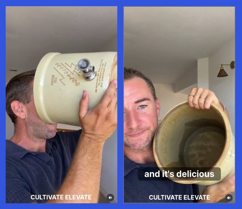 Matt Roeske, owner of the Cultivate Elevate supplement company, drinks from a radium water jug as he promotes the radioactive element as a solution to all health ailments. Source: Instagram account @cultivateelevate Matt Roeske, owner of the Cultivate Elevate supplement company, drinks from a radium water jug as he promotes the radioactive element as a solution to all health ailments. Source: Instagram account @cultivateelevate
