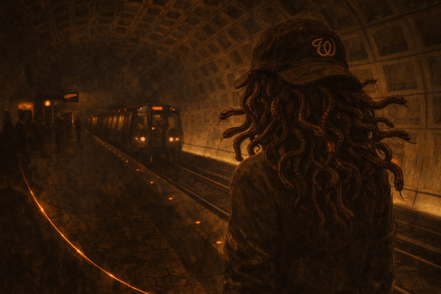 Oil-painted scene of Medusa standing on a dim Washington Metro platform, viewed from behind as a train approaches in the distance; her snake hair coils beneath a worn baseball cap while a thin gold thread traces the platform edge under warm, shadowed light. Oil-painted scene of Medusa standing on a dim Washington Metro platform, viewed from behind as a train approaches in the distance; her snake hair coils beneath a worn baseball cap while a thin gold thread traces the platform edge under warm, shadowed light.