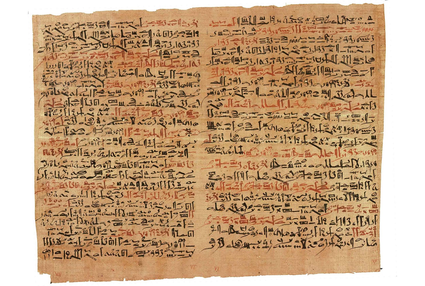 Two pages of the Edwin Smith Papyrus showing black and red hieroglyphic text