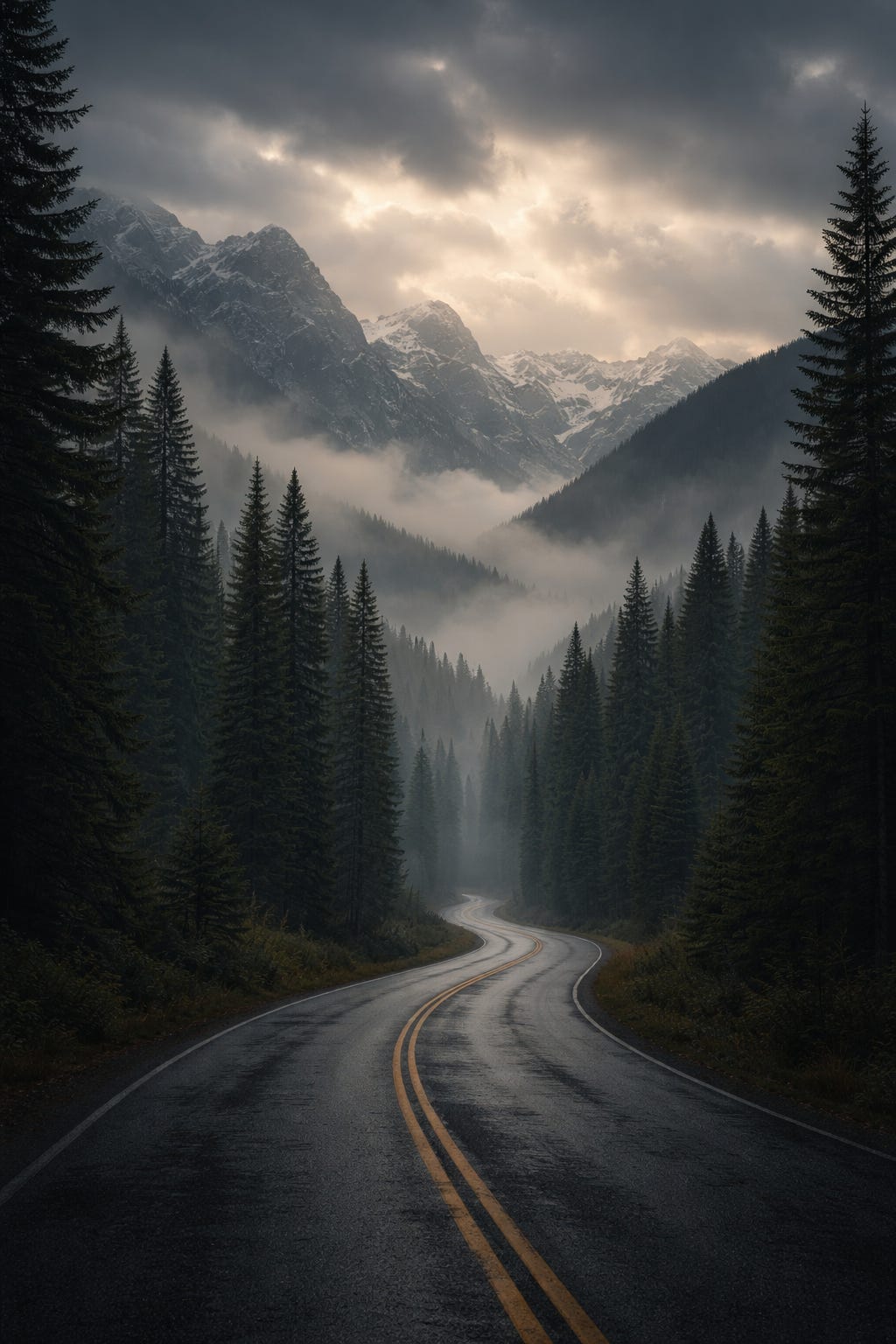 long windy road into the mountains of fog and trees