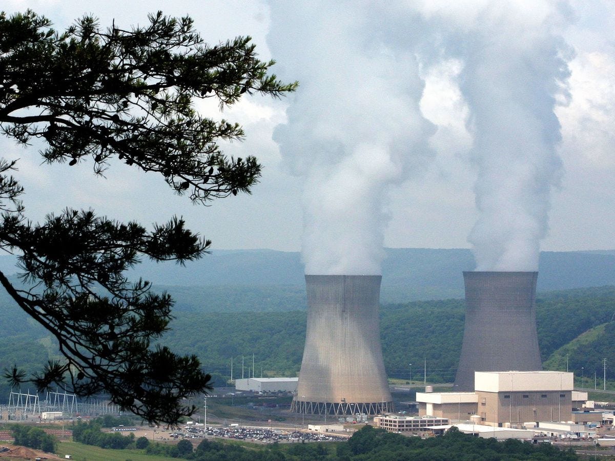 a view of two nuclear tower stacks emitting smoke with tree branches in front a view of two nuclear tower stacks emitting smoke with tree branches in front