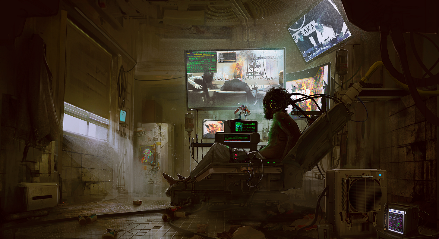 A scraggly, bearded man with wires coming out the back of his head sits up in a chair to gaze out a window across the room.
