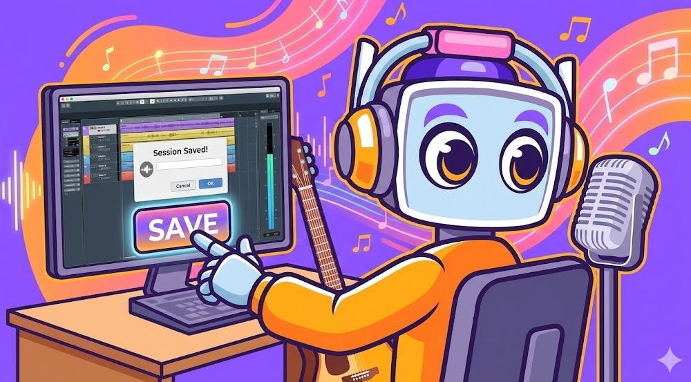 The neuralbuddy robot character, wearing headphones, clicks a 'SAVE' button on a computer screen displaying a music production software with a 'Session Saved!' message. The robot is seated at a desk with a microphone and guitar, looking towards the microphone.