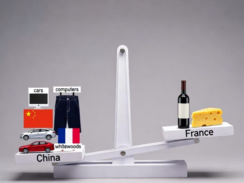 A balanced scale model showing trade between China and France, with China side heavier and France side lighter.