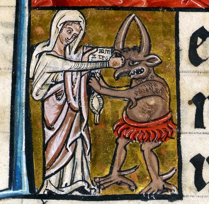 Mary punching the devil in the face in 'The De Brailes Hours' (1240)