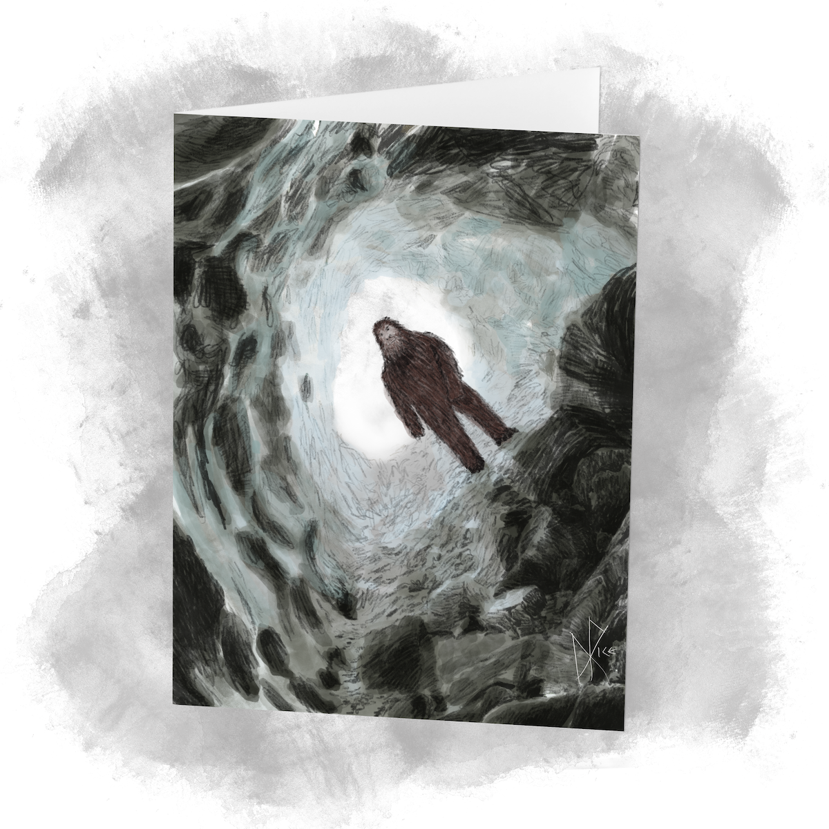 A sasquatch standing near the mouth of a cave. Sketch art by Don Rice. A sasquatch standing near the mouth of a cave. Sketch art by Don Rice.