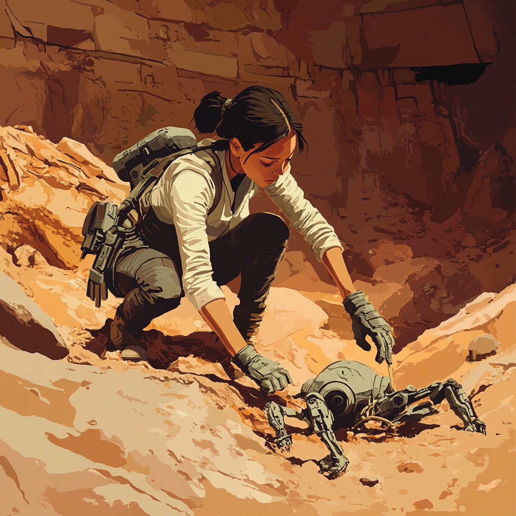 A female archeologist working at a digging site. She's digging up the remains of robots