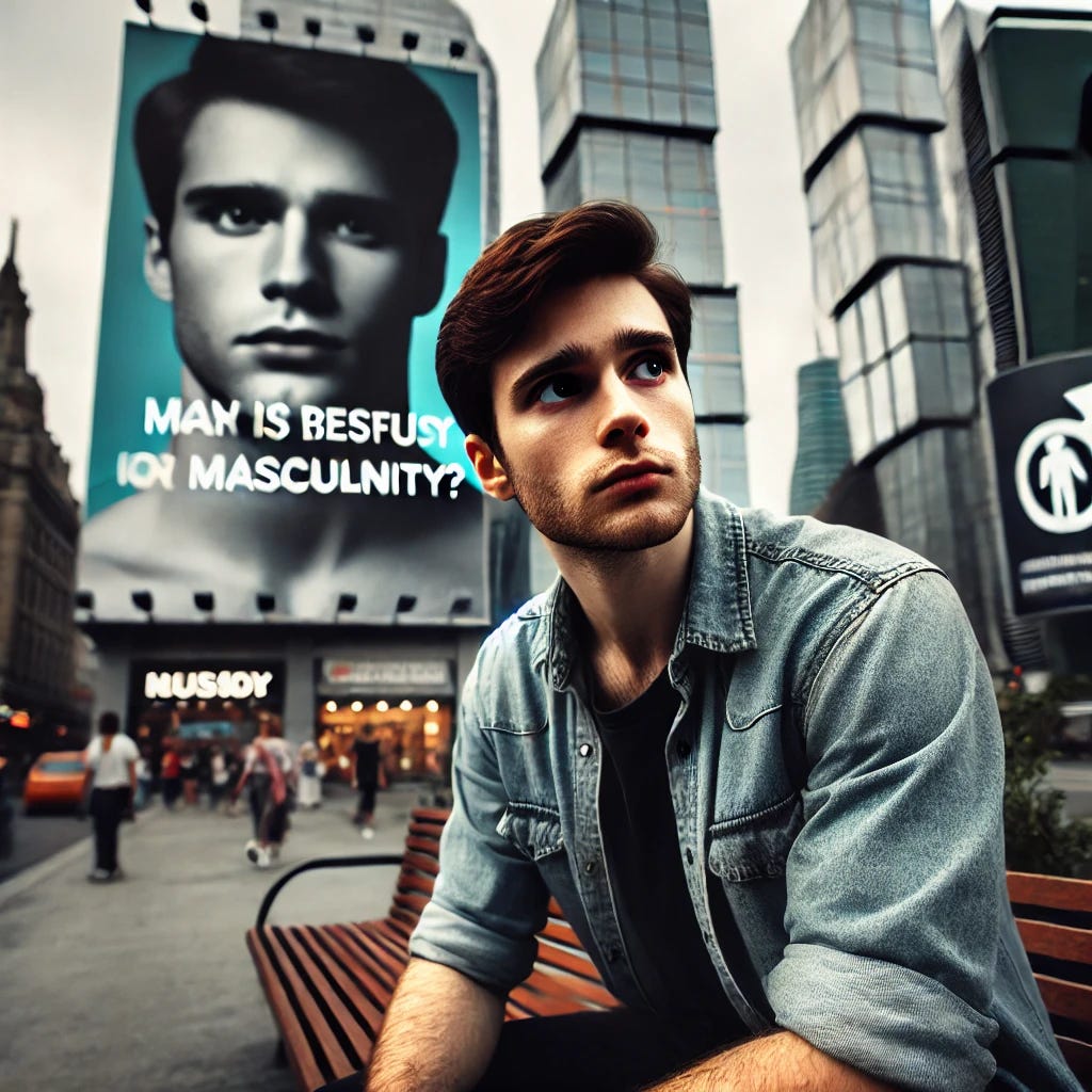 A young man with a reflective gaze sits on a bench in a modern city. In the background, billboards display contradictory messages about masculinity. He appears deep in thought, as if searching for answers. The atmosphere conveys confusion and introspection regarding male identity in today's society.