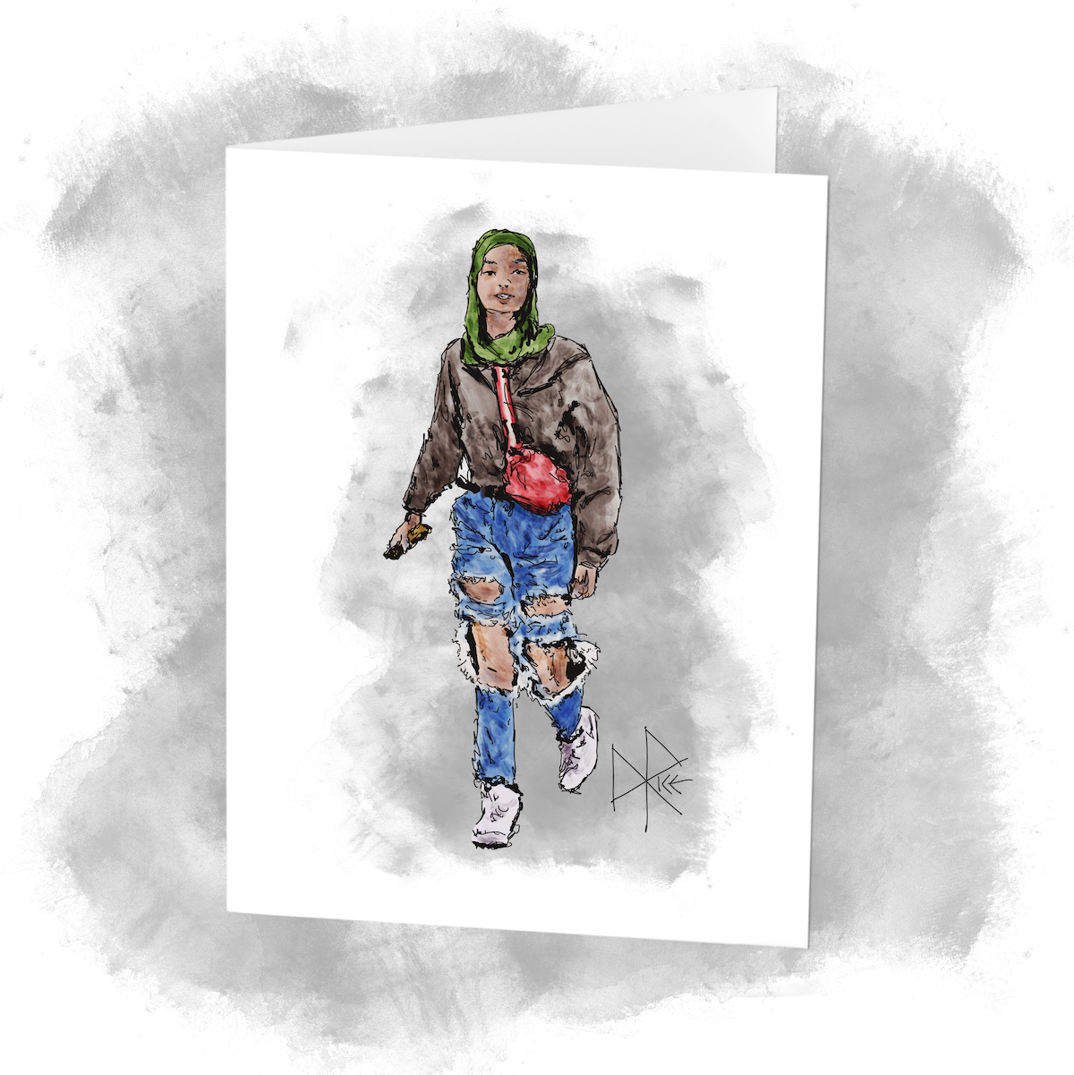 A young woman wearing a lightweight pale green hijab and very distressed jeans, on the move with her red crossbody bag and her phone in her hand. Sketch art by Don Rice.