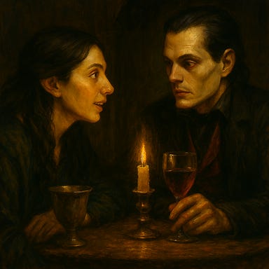 Create a Barovian gothic portrait of Silverleaf watching Count Strahd with fascination. Use their previously defined visual palettes. Silverleaf is female with elven features: delicate bone structure, pointed ears, luminous eyes, and long dark hair; she wears layered green and gold fabrics that catch candlelight. Her expression is captivated, analytical, and quietly enchanted. Strahd stands or sits nearby, rendered with angular elegance: tall, pale, hollowed cheekbones, deep-set luminous eyes, and swept-back dark hair with a widow’s peak. He wears a high-collared crimson coat with silver embroidery. The lighting is warm candlelight against cold stone, with long shadows and a sense of gothic tension. Silverleaf is foregrounded, Strahd slightly blurred or distant, emphasizing her fascination.