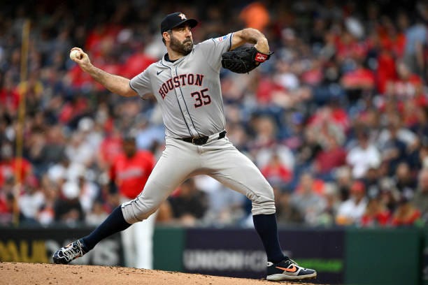 Justin Verlander of the Houston Astros throws a pitch during the first inning against the Cleveland Guardians at Progressive Field on September 28,...