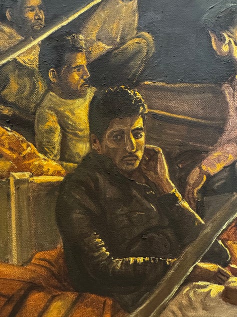 Three close-up details of Raghav Babbar's paintings in the gallery, thickly painted in gold and near-black: a young man resting his hand against his ear, a woman in an ochre wrap at the edge of a night crowd, and an older woman with white hair facing a boy with his eyes screwed shut.