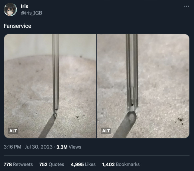 Iris @iris_IGB Fanservice ALT 3:16 PM Jul 30, 2023 3.3M Views ALT 778 Retweets 752 Quotes 4,995 Likes 1,402 Bookmarks : Iris @iris_IGB Fanservice ALT 3:16 PM Jul 30, 2023 3.3M Views ALT 778 Retweets 752 Quotes 4,995 Likes 1,402 Bookmarks :