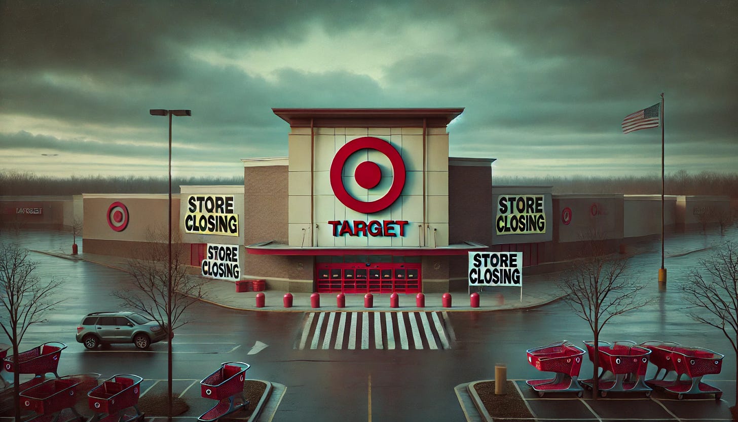 A somber scene depicting a Target store closing down. The image shows a large Target storefront with a prominent red bullseye logo, surrounded by a quiet parking lot. The windows have 'Store Closing' signs taped to them, and some sections are boarded up. A few empty shopping carts are scattered around the entrance, and the atmosphere feels melancholic with a cloudy sky overhead. The focus should highlight the iconic Target branding and the signs of closure. A somber scene depicting a Target store closing down. The image shows a large Target storefront with a prominent red bullseye logo, surrounded by a quiet parking lot. The windows have 'Store Closing' signs taped to them, and some sections are boarded up. A few empty shopping carts are scattered around the entrance, and the atmosphere feels melancholic with a cloudy sky overhead. The focus should highlight the iconic Target branding and the signs of closure.