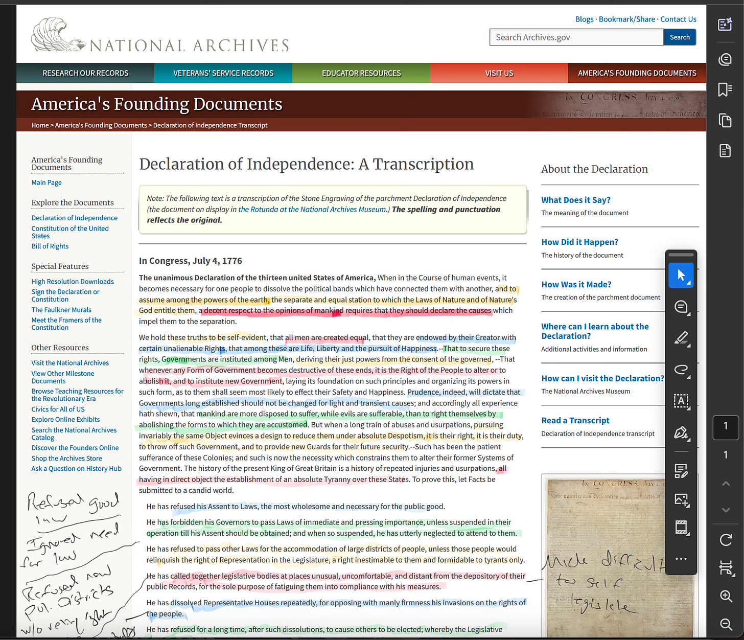 A screen capture of the Declaration of Independence, marked up with notes