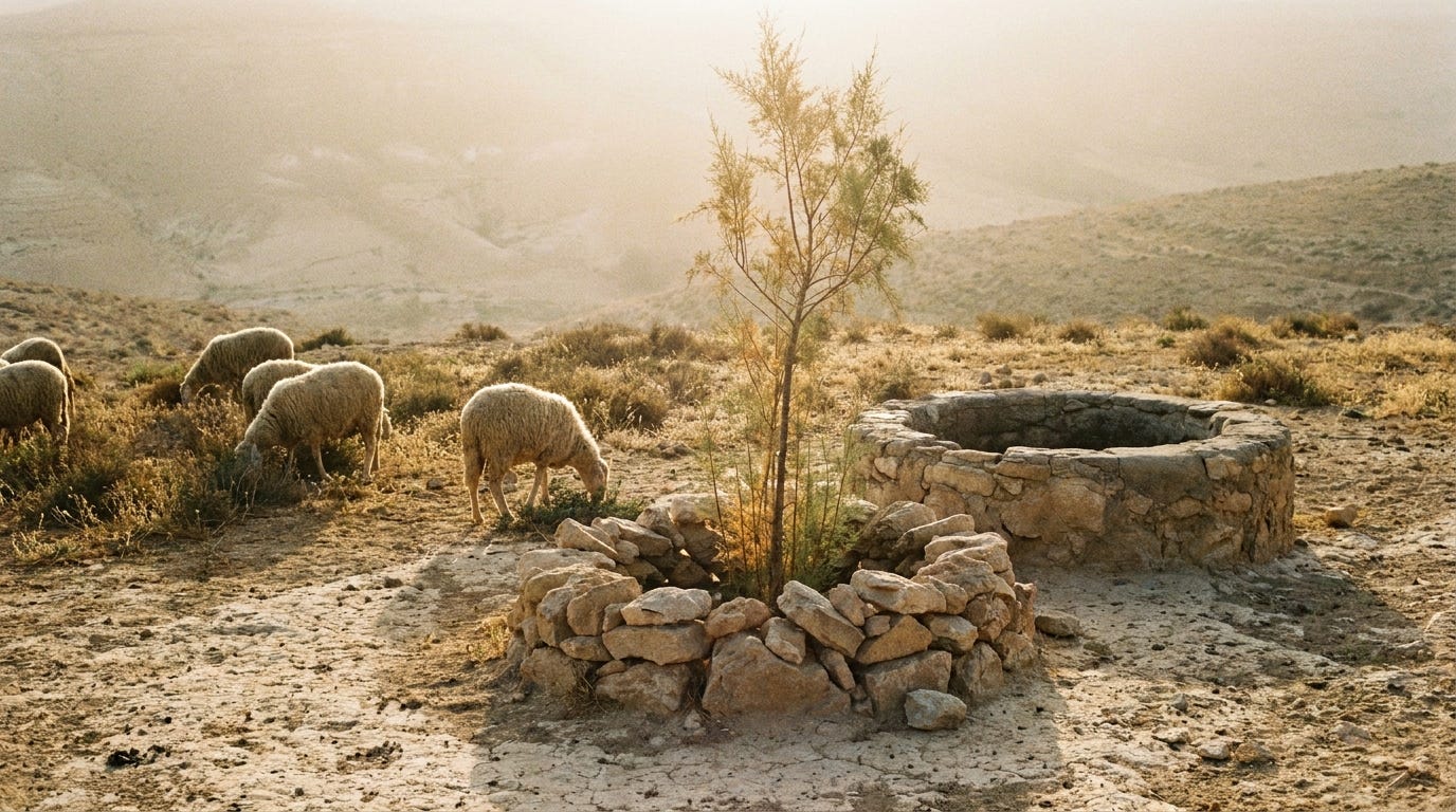 A young tamarisk tree planted beside a stone-lined well in dry Negev hill country at dawn, a few sheep grazing nearby, no people, no faces, no text A young tamarisk tree planted beside a stone-lined well in dry Negev hill country at dawn, a few sheep grazing nearby, no people, no faces, no text