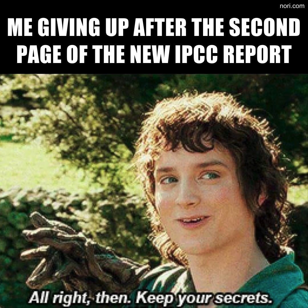 Text: "Me giving up after the second page of the new IPCC report." Below, Frodo in a forest, smirking: "All right, then. Keep your secrets."
