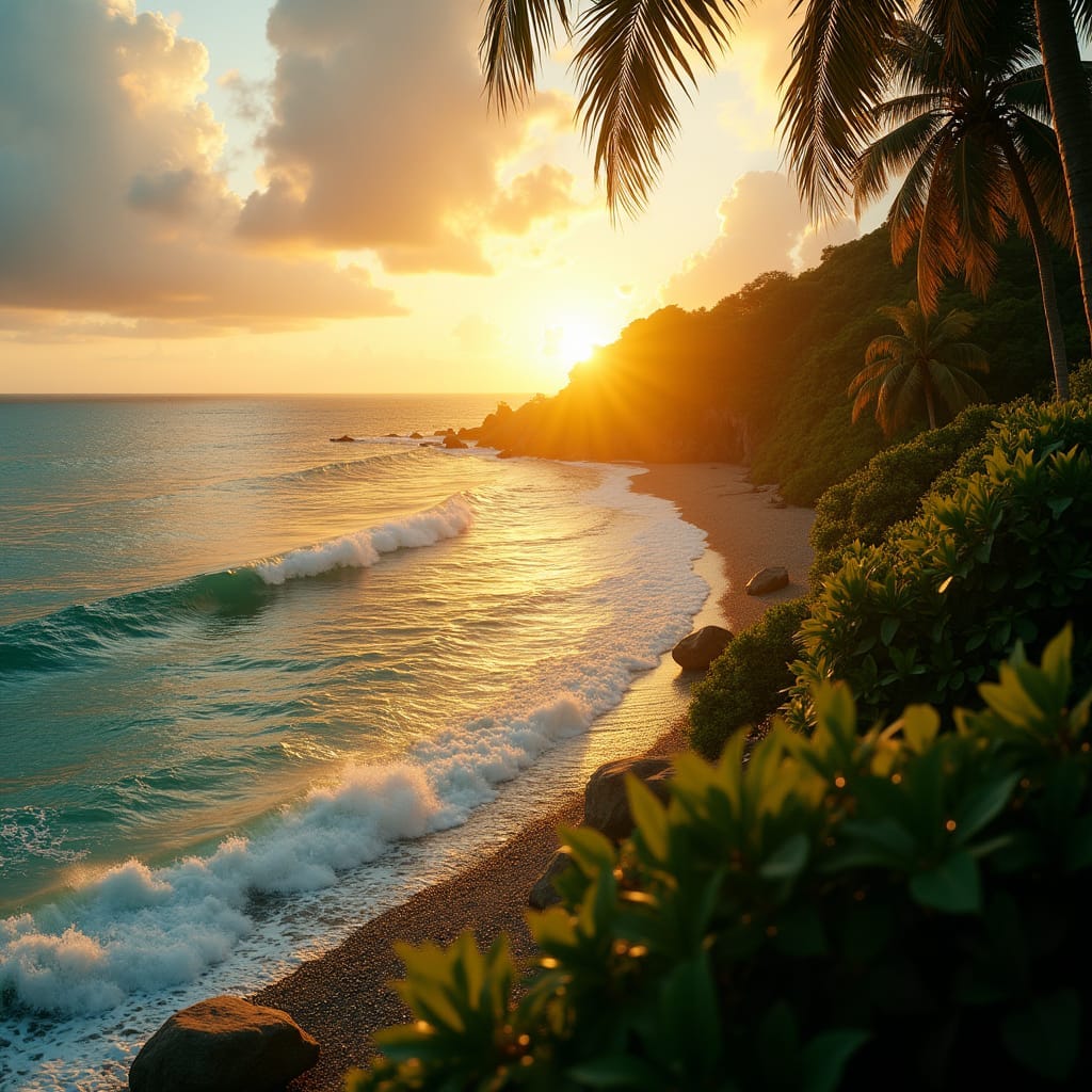 Serene Jamaica coastline at sunset, warm golden light casting a gentle glow on lush tropical foliage and turquoise waves