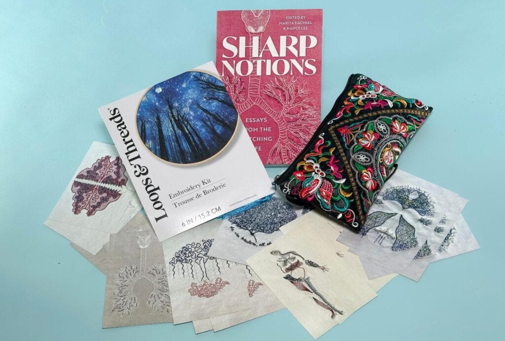 Image description: two images of a light blue background behind a flatlay of the book Sharp Notions: Essays from the Stitching Life; a black clutch covered with ornate multi-coloured floral embroidery; a Loops & Thread embroidery kit of a starry night scene; and postcards featuring Lia Pas' sci-art anatomical embroidery pieces on natural-hued linen: she breathed (2018), body map (2016), sensorium (2016), she was tributaries (2016), parasthesia (face) (2016), and neurasthenia (2017).