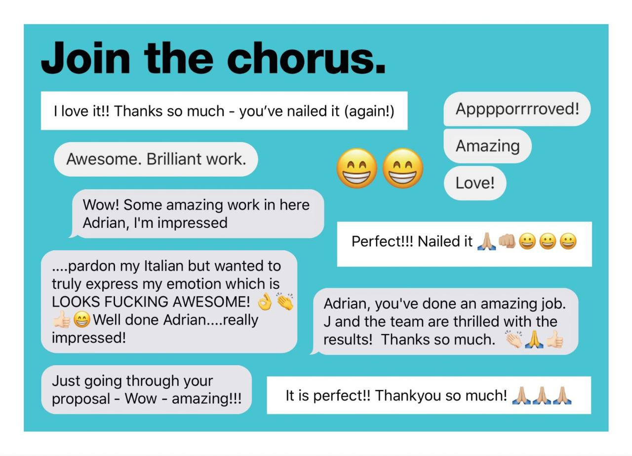 Join the chorus - a montage of praise for Adrian Elton like saying "awesome, brilliant work" etc. Join the chorus - a montage of praise for Adrian Elton like saying "awesome, brilliant work" etc.