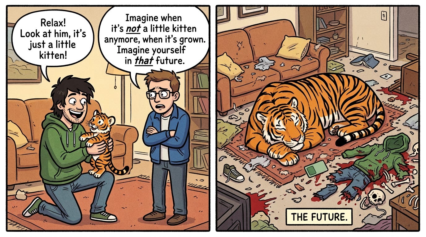 Comic showing a man holding a tiger cub, then a full-grown tiger in a destroyed room.