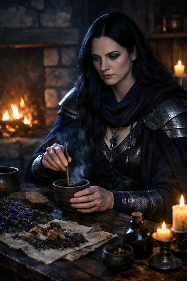 Clarion, a tall, statuesque warrior‑priestess with raven‑black hair and pale storm‑bright eyes, mixing a wolfsbane potion before the fire in the Blood of the Vine Tavern; moonlit silver and deep indigo tones, worn wood, flickering hearthlight, clay cup and herbs, atmosphere of solemn ritual and Barovian Gothic intensity