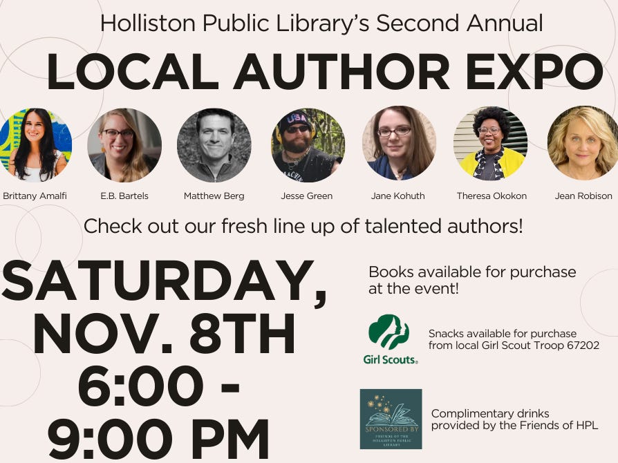 Flier for the second annual Holliston Public Library local author expo! Flier for the second annual Holliston Public Library local author expo!