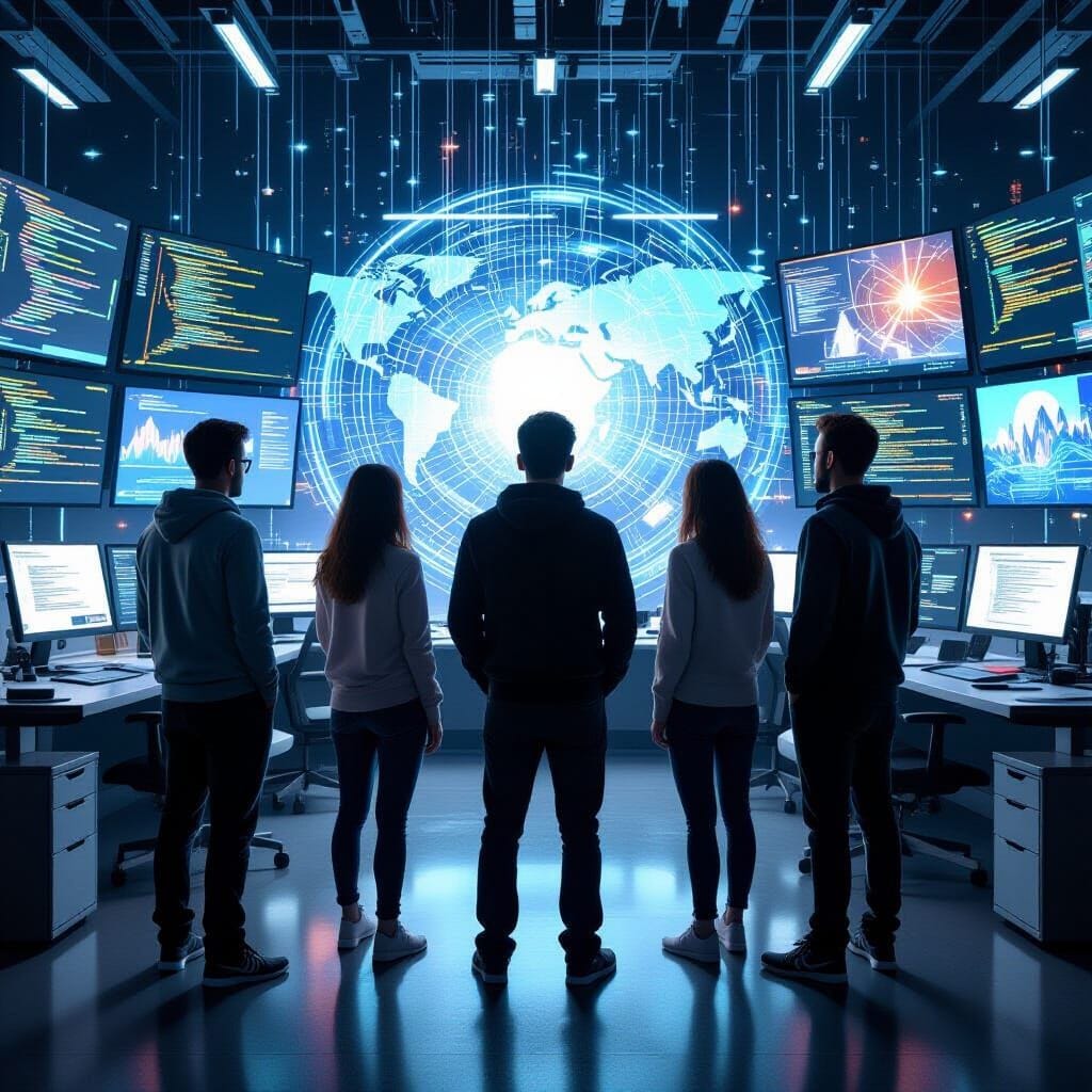 A Truly Cross-Platform Programming Language. A team of Developers, photorealistic,3 men and 3 women. A spectacular, stun...