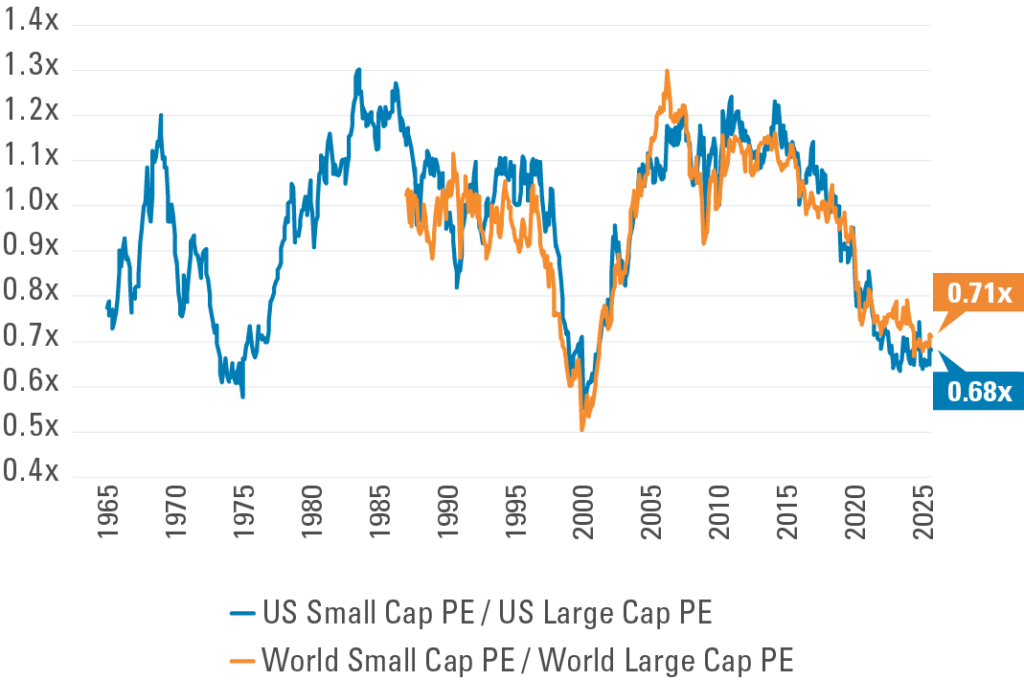 Exhibit 1: Small Caps Near Record Low Valuation versus 
Large Caps
Small Cap & Large Cap Relative P/E Ratios
