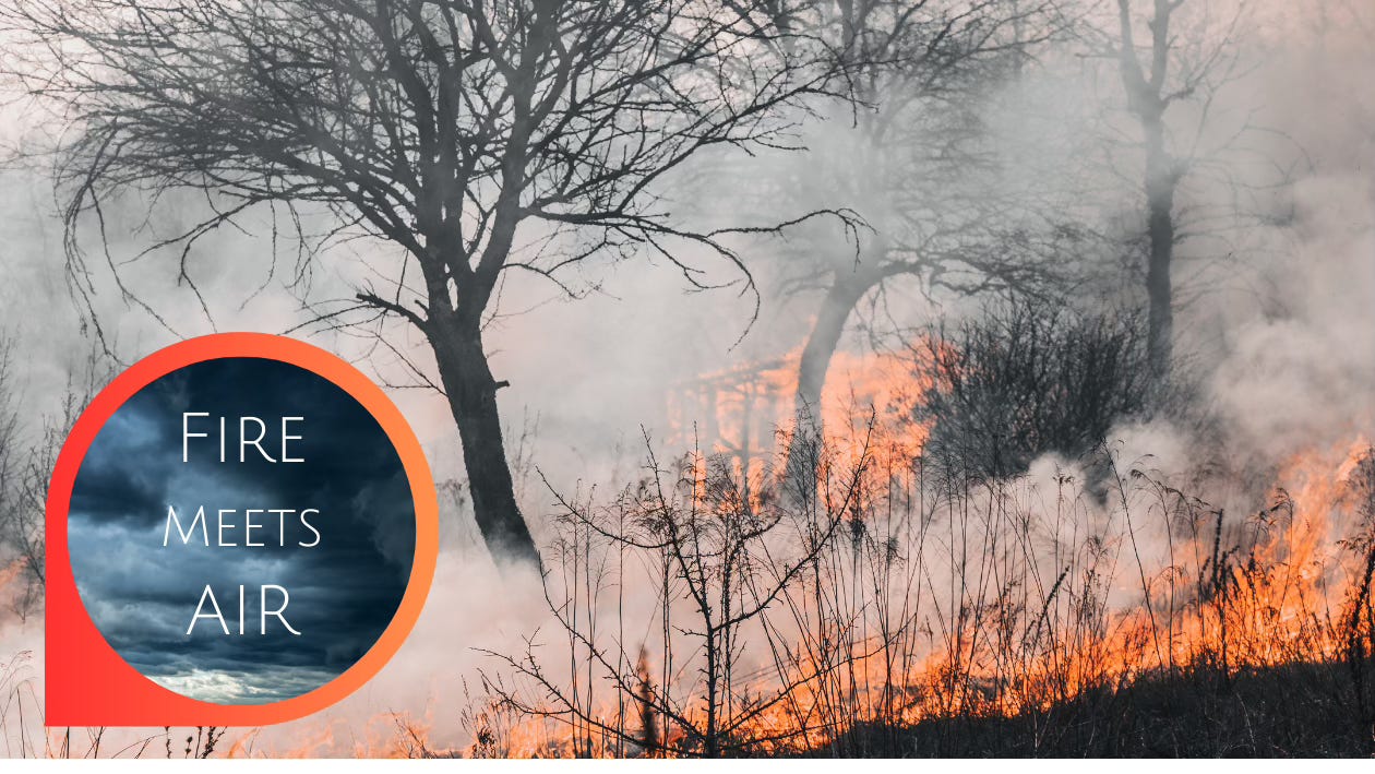 Clouds of smoke and fire waft and blaze through a forest. In a ring of fiery orange, storm clouds brew. Fire Meets Air.