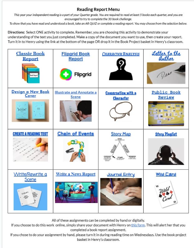 Valmyndin í Google Classroom þegar kom að því að fylla út lestrarskýrslu