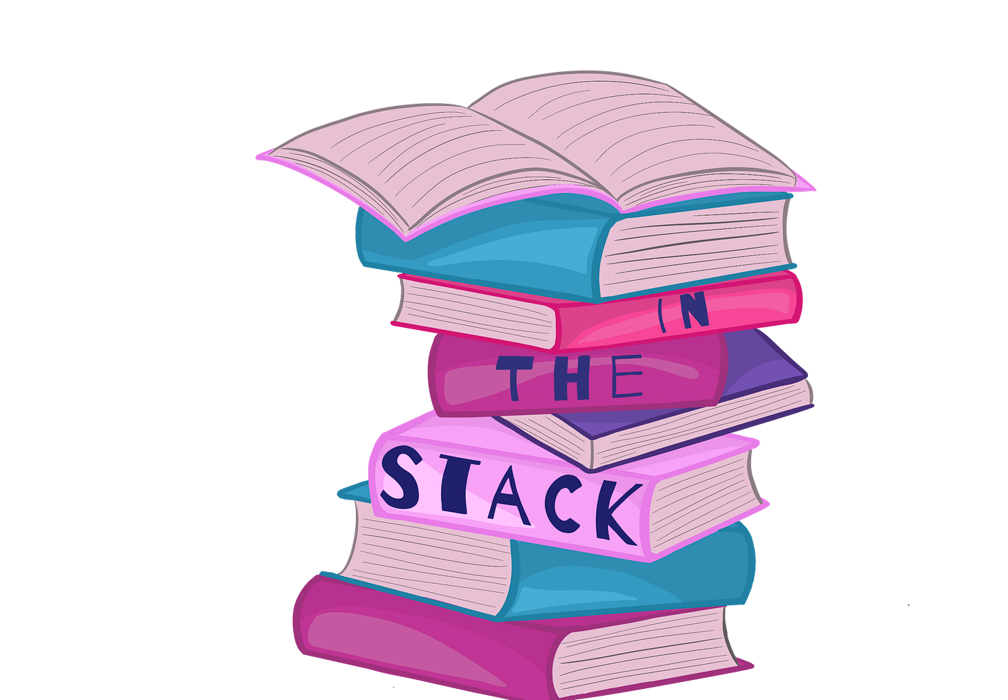illustrated graphic of a stack of books with the text "in the stack" written on the spines.
