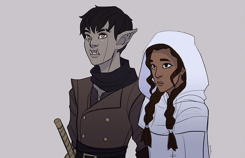 Orc with dark hair, pointed ears, and fangs stands beside a person with braided hair in a white hood. Neutral expressions, plain backdrop. Orc with dark hair, pointed ears, and fangs stands beside a person with braided hair in a white hood. Neutral expressions, plain backdrop.