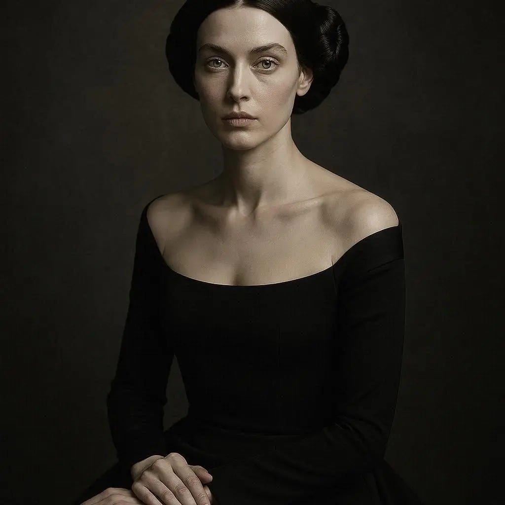 Ultra-detailed cinematic portrait of a 21st-century reinterpretation of a 19th-century aristocratic woman, inspired by a daguerreotype from the 1850s, reimagined through sleek Helmut Newton–style contemporary fashion photography. The woman sits with poised elegance, her gaze calm yet commanding, exuding the same quiet intensity as the original photograph. She has porcelain, luminous skin with natural, minimal makeup emphasizing her refined bone structure, pale green-gray eyes Ultra-detailed cinematic portrait of a 21st-century reinterpretation of a 19th-century aristocratic woman, inspired by a daguerreotype from the 1850s, reimagined through sleek Helmut Newton–style contemporary fashion photography. The woman sits with poised elegance, her gaze calm yet commanding, exuding the same quiet intensity as the original photograph. She has porcelain, luminous skin with natural, minimal makeup emphasizing her refined bone structure, pale green-gray eyes