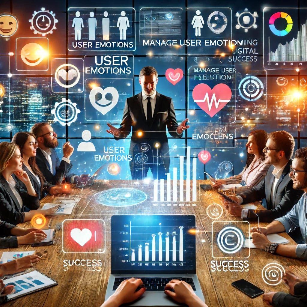 A modern and dynamic digital workspace where a team of professionals collaborates on creating successful digital products, with a focus on user emotions. The scene includes diverse team members brainstorming and discussing around a table, using laptops and tablets. At the center, charts and graphs on screens prominently display user emotional feedback icons, engagement metrics, and success rates. The vibrant atmosphere emphasizes the strong connection between managing user emotions and achieving business success, with visual elements like smiling faces, hearts, and satisfaction ratings.