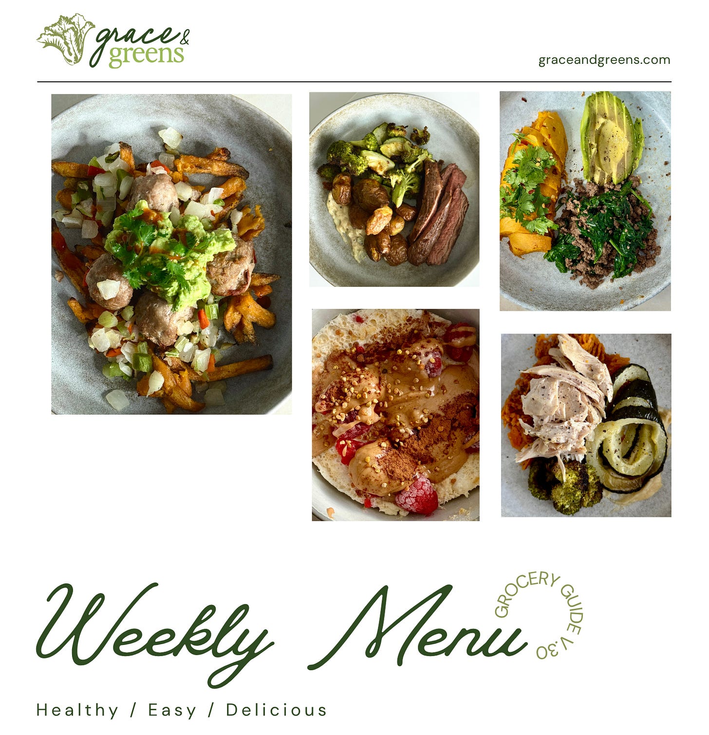 a weekly menu with sweet potato fries, a raspberry protein pancake bowl, rotisserie chicken and zucchini plate, and more so you can eat healthy and easy dinners all week long