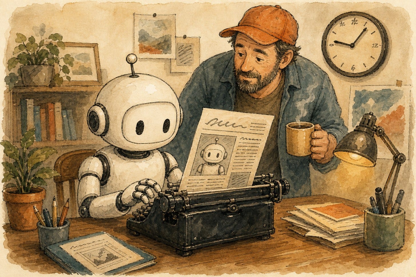 Watercolor illustration: a small white robot sits at a black manual typewriter typing a page that has a drawing of itself on it, while a bearded man in an orange baseball cap stands behind holding a mug of coffee, reading over its shoulder. A wall clock and framed pictures hang behind them.