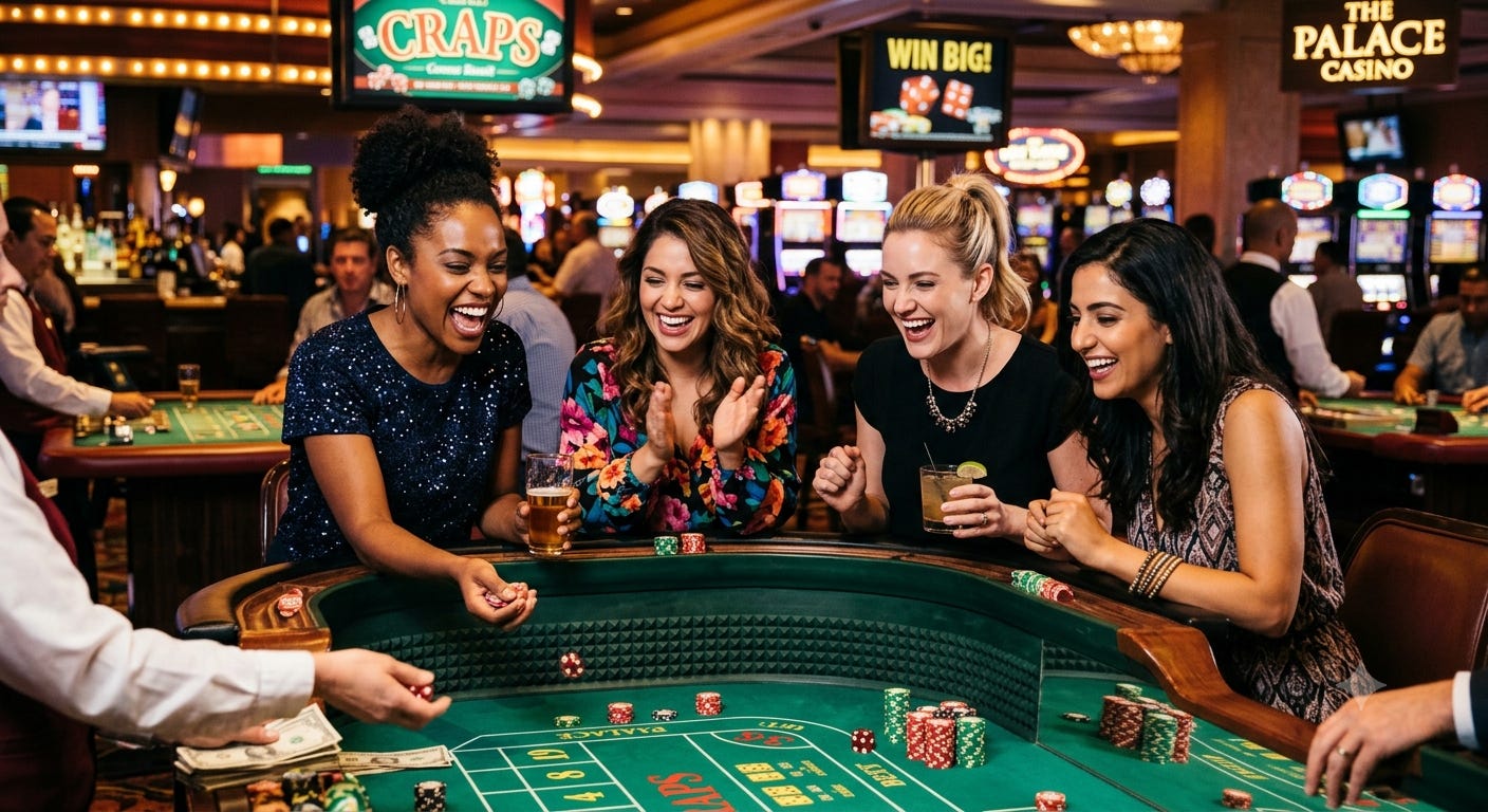 Four happy women laughing and playing a craps game together at a vibrant casino table.