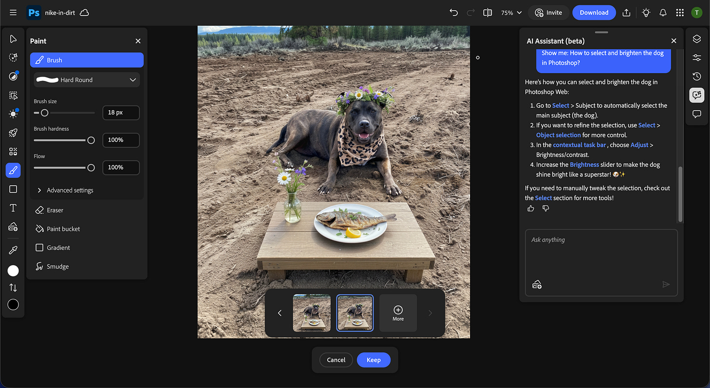 Full Photoshop interface showing Adobe’s AI Assistant panel giving step-by-step instructions to select and brighten a dog in an image. The photo on the canvas shows a dog wearing a flower crown sitting on dirt with a small table holding a fish and flowers, while the assistant explains the editing steps on the right side of the screen.