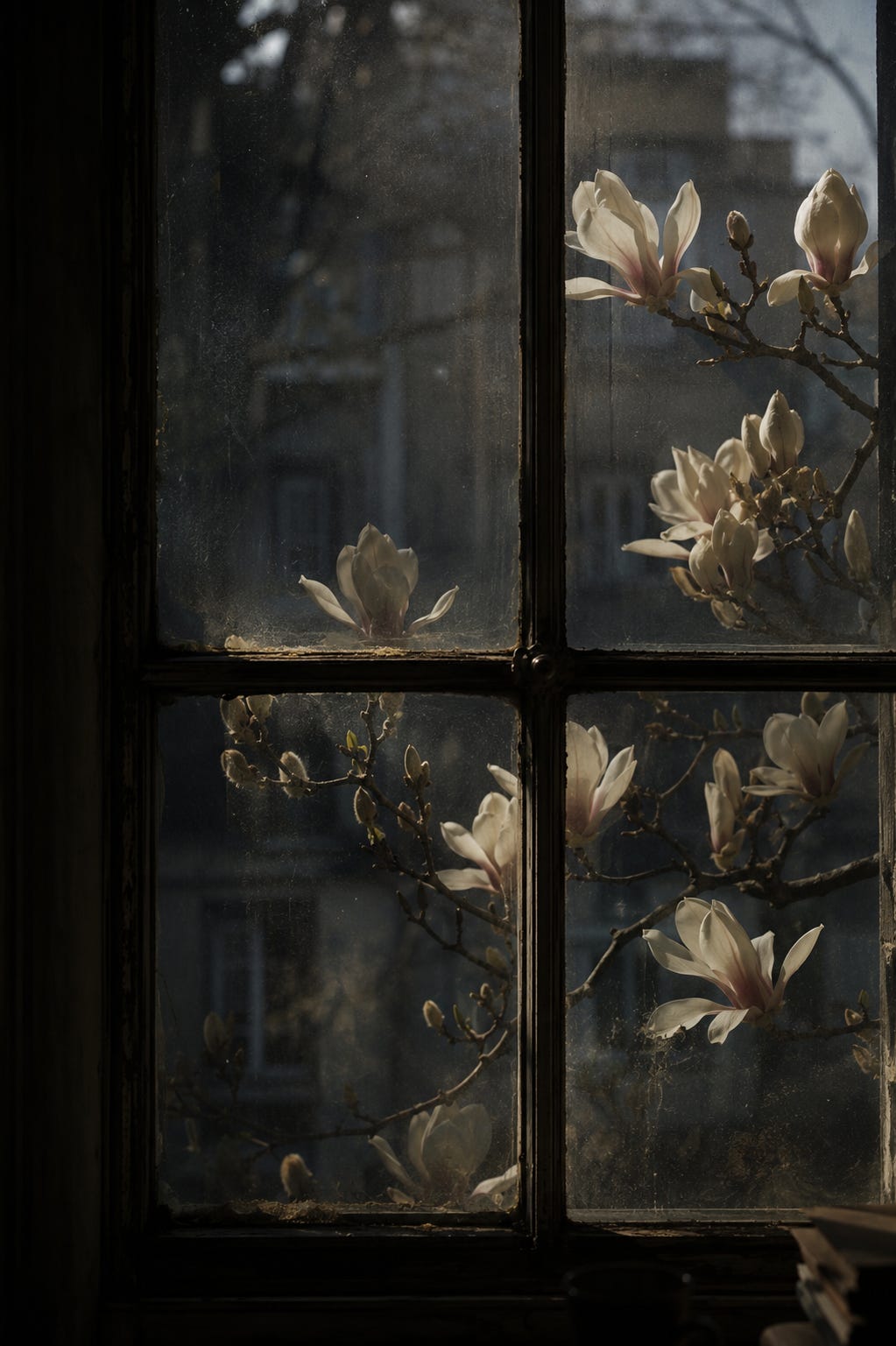 Pale magnolia blossoms blooming outside an old dust-covered window, seen from a dim interior room. A quiet, melancholic image accompanying the poem “Keeping Faith” about numbness, emotional distance, and the persistence of life.