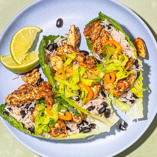 Purple Carrot's Spicy Jerk Tofu Lettuce Cups, Cauliflower Palak, Okonomiyaki, and Mediterranean Stuffed Zucchinis