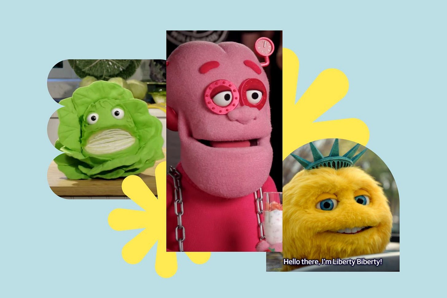 Photo collage showing puppets from three different marketing campaigns: On the left, a cabbage puppet from Pinterest; in the middle, a Franken Berry puppet from General Mills, which looks roughly like a pink Frankenstein's monster; on the right, Liberty Biberty from Liberty Mutual, a fuzzy yellow sphere with big blue eyes and a human mouth wearing a Statue of Liberty crown.
