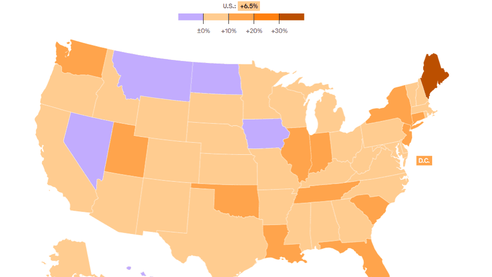 Map shows the change in average residential electricity prices from May 2024 to May 2025. (Source: Axios | U.S. Energy Information Administration)