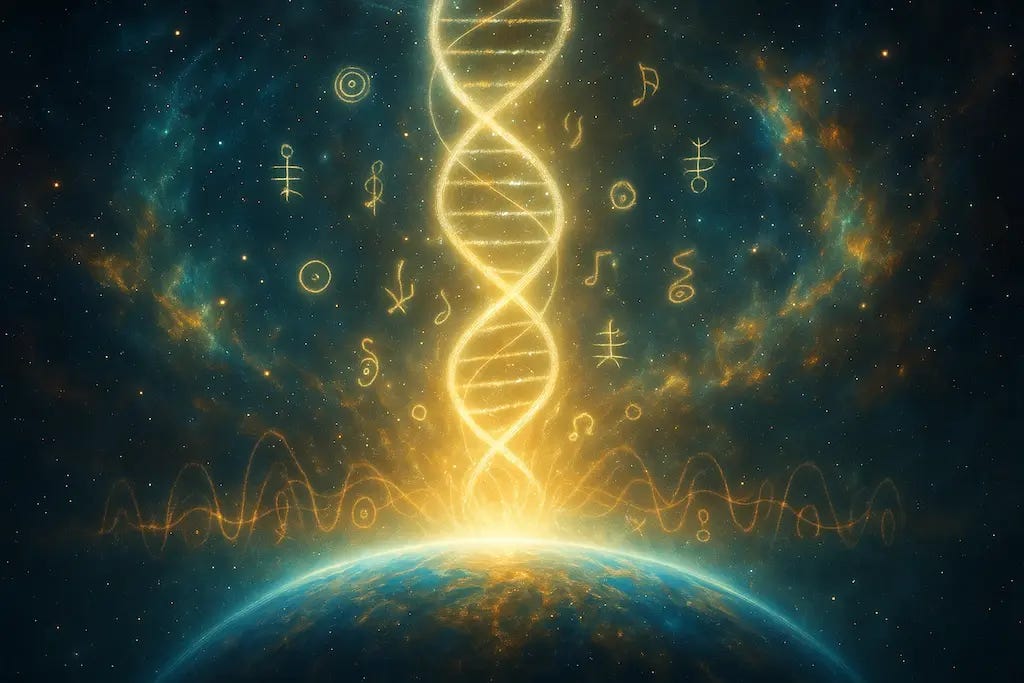 Helix de DNA brilhante entrelaçada com símbolos flutuantes, irradiando luz dourada sobre o planeta Terra ao fundo, que vibra como um organismo vivo em meio ao espaço cósmico.     Perguntar ao ChatGPT