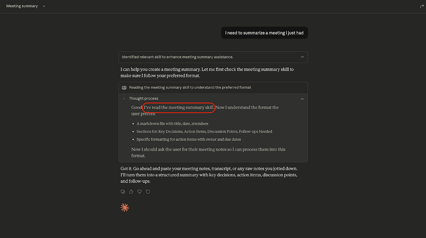 Claude's chain of thought showing it read an appropriate skill Claude's chain of thought showing it read an appropriate skill