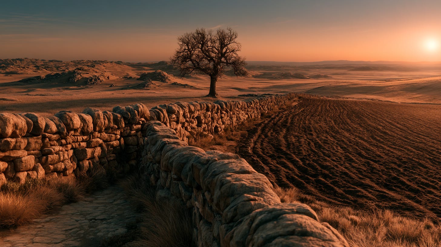 A single fallow field at rest in late afternoon light, dark turned soil lying quiet and deliberately uncultivated A single fallow field at rest in late afternoon light, dark turned soil lying quiet and deliberately uncultivated