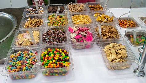 pictures of the inside of Yogurt Journey and all the colorful toppings